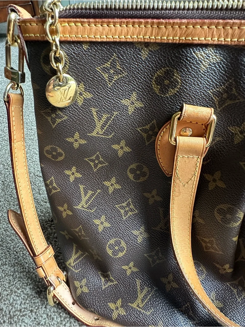 Louis Vuitton Monogram Canvas Tote in Dark Brown with Tan Leather Trim Authentic